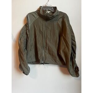 Vital Life Womens Olive‎ Green Nylon Zip Up Jacket Ruched Sleeve Sz L Y2K